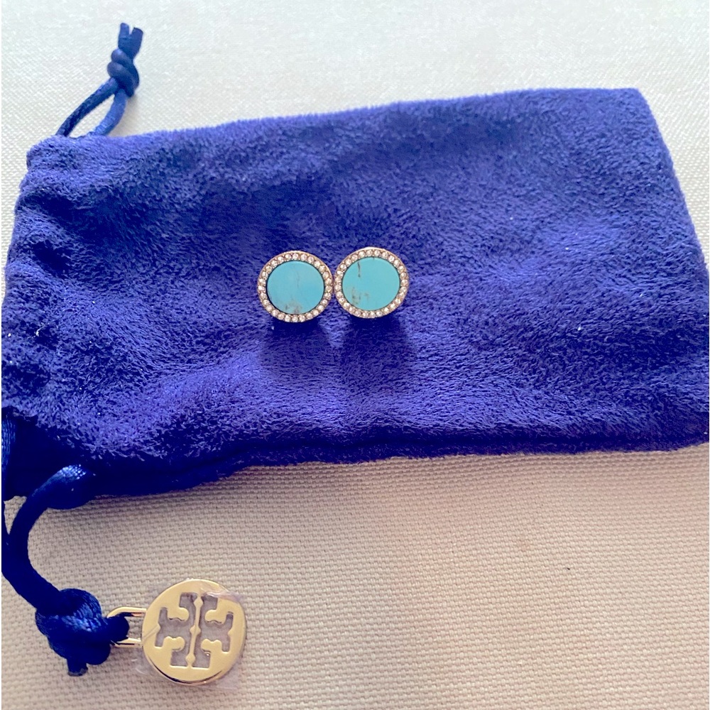 Tory Burch Blue Stud Earrings crystals push back posts good condition